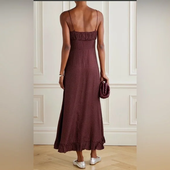 NWT! Doen Rosaria gathered polka-dot silk-blend midi dress - L - Picture 2 of 11